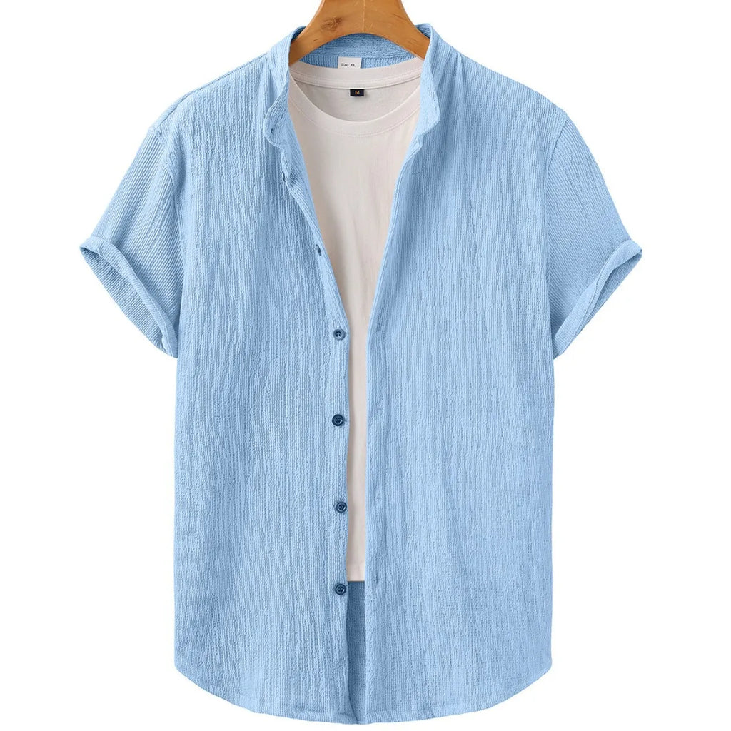 Casual Summer Shirt Men's Stand Collar Short Sleeve Light Maturity Leisure T-Shirt Open Cardigan Polyester Quick Dry Anti-Def...