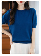 Fall/winter women's O-neck basic warm casual pullover fashion short sleeve 100% wool 22-color knitted sweater.