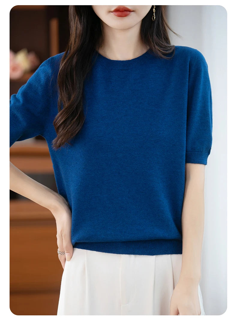 Fall/winter women's O-neck basic warm casual pullover fashion short sleeve 100% wool 22-color knitted sweater.