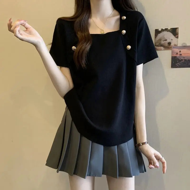 Women Plus Size Square Neck Ice Silk Irregular Hem Short Sleeve T Shirt Loose Slimming Casual Summer Top