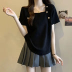Women Plus Size Square Neck Ice Silk Irregular Hem Short Sleeve T Shirt Loose Slimming Casual Summer Top