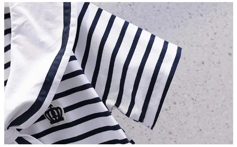 Girls Summer Casual Striped Sailor Collar Short Sleeve Suits 4 6 8 10 12 14 Years Girls JK Style Fashion Tops+Skirts 2pcs Sets