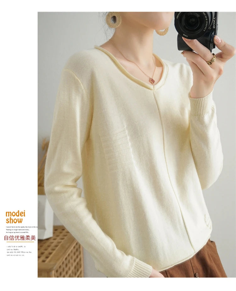 2023 Autumn/Winter Women's New Pullover Casual Solid 100% Cotton Knitted V-Neck Loose Sweater Fashion Soft Breathable Top