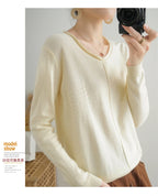 2023 Autumn/Winter Women's New Pullover Casual Solid 100% Cotton Knitted V-Neck Loose Sweater Fashion Soft Breathable Top