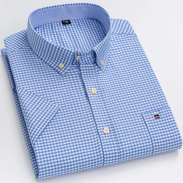 Men's Oxford Short Sleeve Square Collar Soild Plaid Striped Summer Casual Shirts Single Pocket Comfortable Cotton Shirt