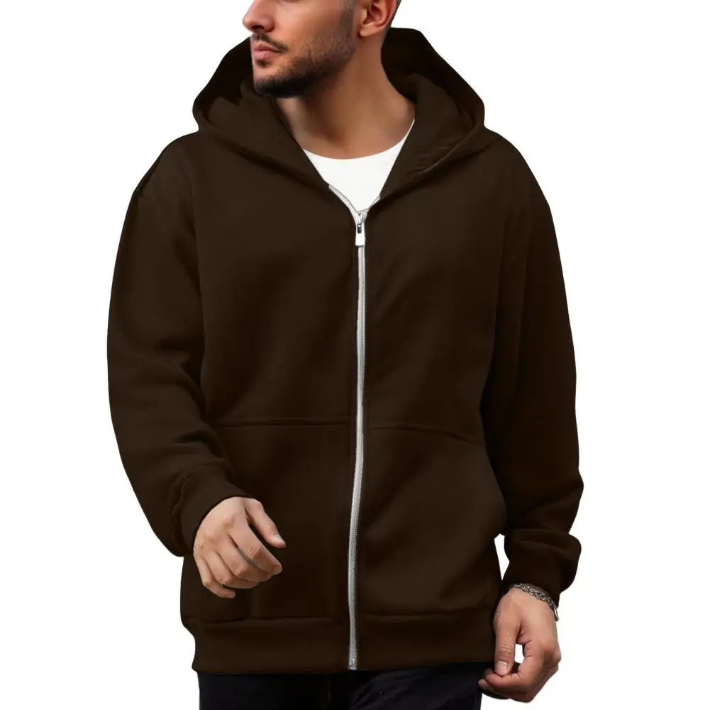 Men Backpack Sweatshirt Coat Long Sleeve Zipper Closure Hoodie with Schoolbag Design Solid Color Loose Fit Outerwear