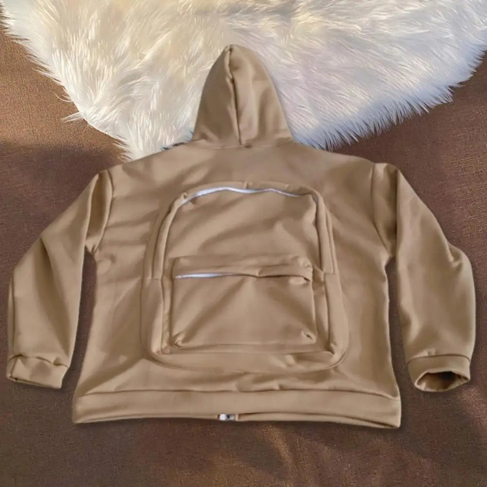 Men Backpack Sweatshirt Coat Long Sleeve Zipper Closure Hoodie with Schoolbag Design Solid Color Loose Fit Outerwear