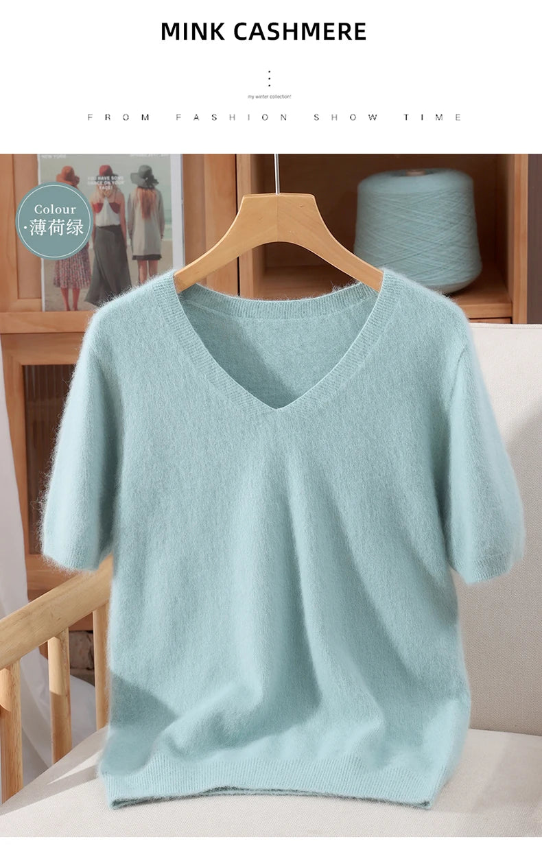 Women's 100% pure mink cashmere V-neck sweater T-shirt solid color knitted fashionable versatile short sleeved pullover sweater