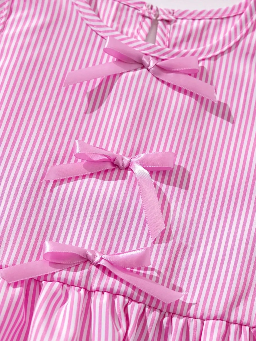 Fashion girl pink and white striped round neck lace up bow ruffle edge+pink striped side butterfly shorts two-piece set