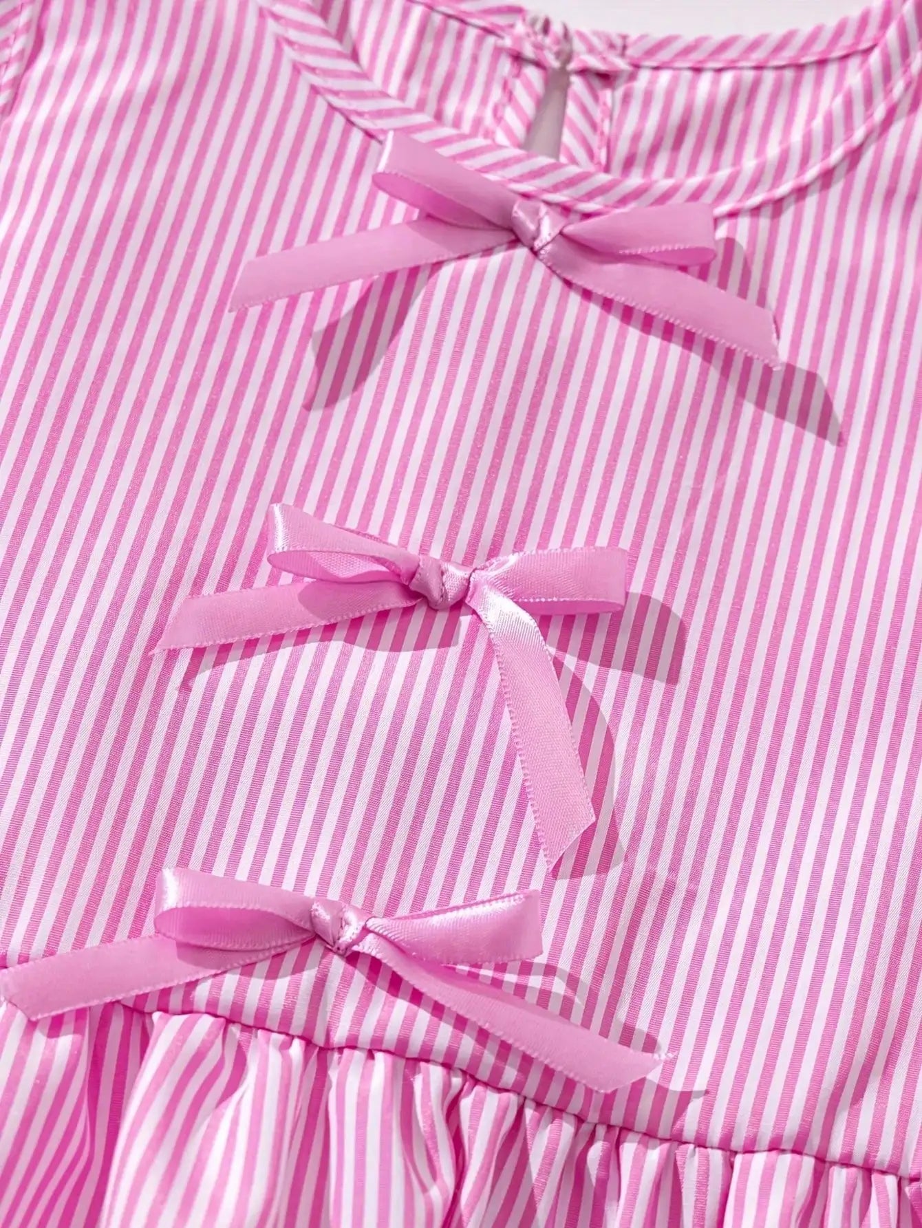 Fashion girl pink and white striped round neck lace up bow ruffle edge+pink striped side butterfly shorts two-piece set