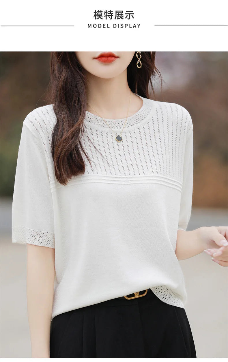 Women Sweater Short Sleeve Spring Summer O-neck Bottoming Shirts Casual Korean Knitted Pullovers Solid Loose Hollow Out Jumpers