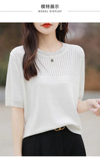 Women Sweater Short Sleeve Spring Summer O-neck Bottoming Shirts Casual Korean Knitted Pullovers Solid Loose Hollow Out Jumpers