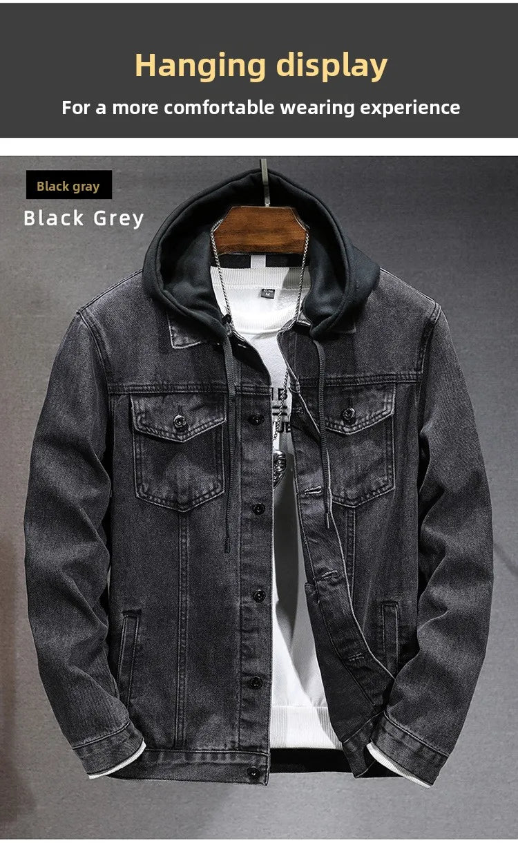 Casual Men's Denim Jacket Spring Autumn American Simple Trendy Hoodie Detachable Breathable Wear Resistant Windproof Sweat AB...