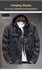 Casual Men's Denim Jacket Spring Autumn American Simple Trendy Hoodie Detachable Breathable Wear Resistant Windproof Sweat AB...