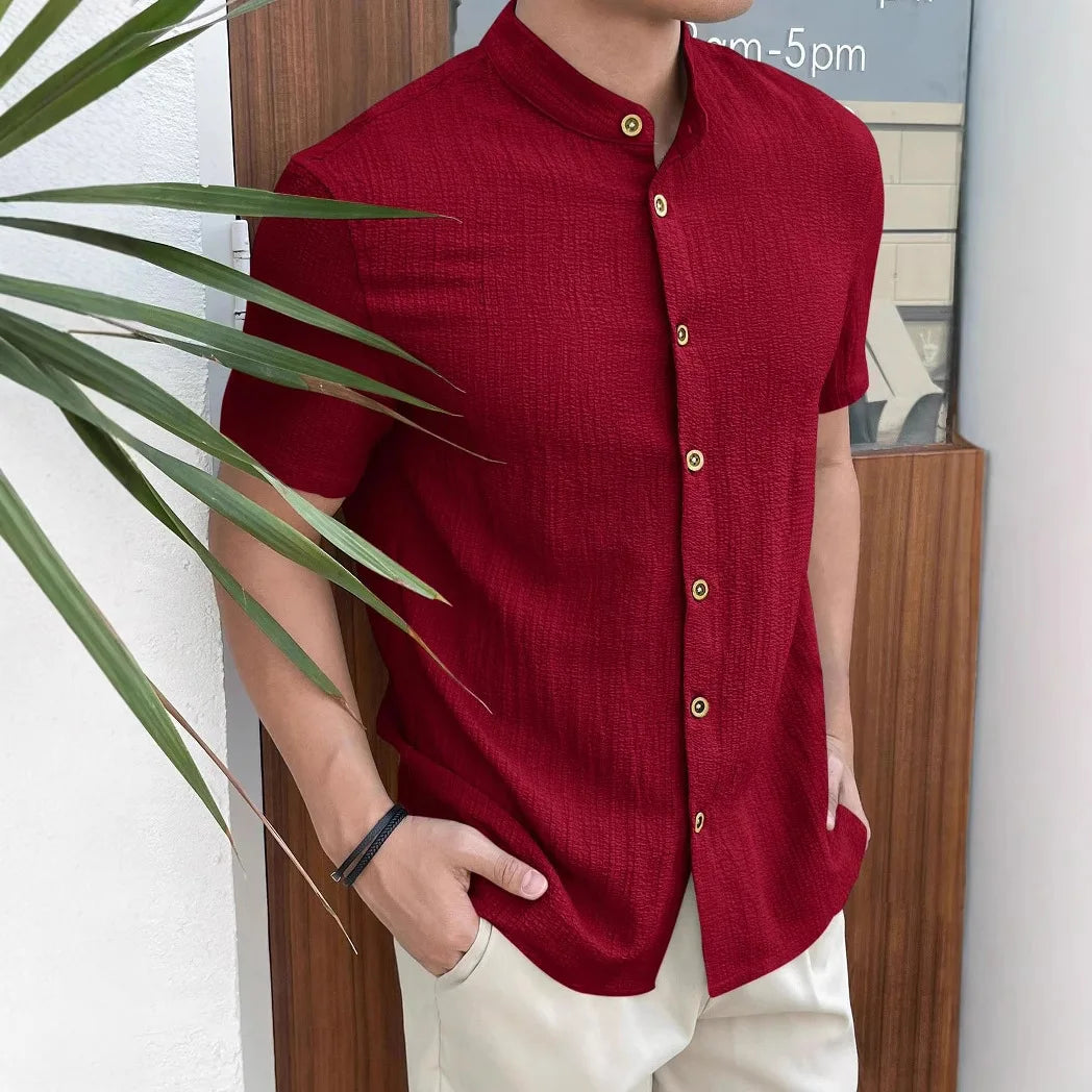 Men Loose Knit Solid Color Casual Short Sleeve Shirt