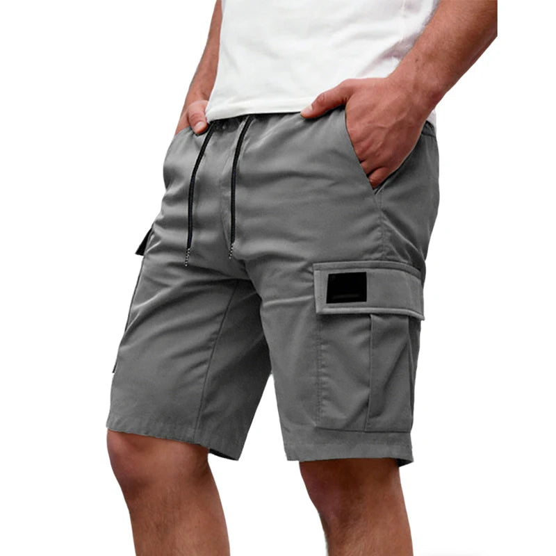 Men's Khaki Workwear Cargo Shorts Summer Multi-pocket Work Shorts With Drawstring Elastic Waist Solid Color Sports Fifth Pants