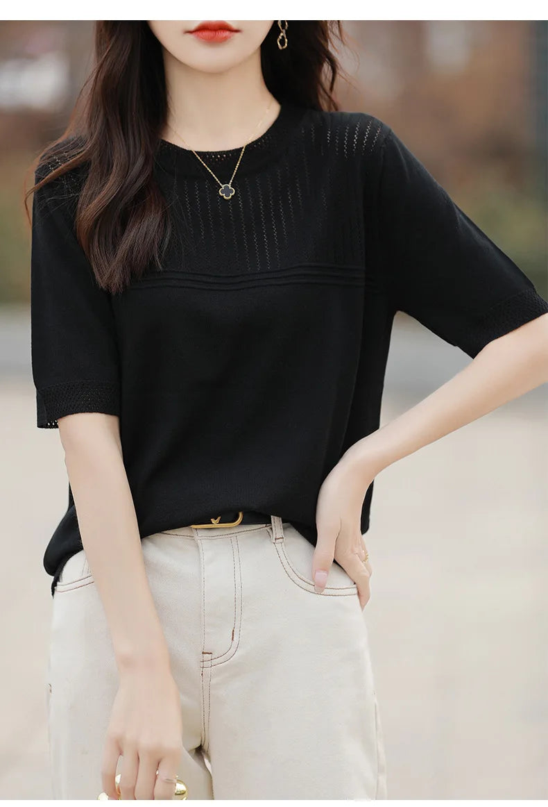 Women Sweater Short Sleeve Spring Summer O-neck Bottoming Shirts Casual Korean Knitted Pullovers Solid Loose Hollow Out Jumpers