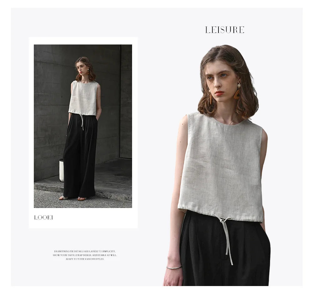 100% Linen Tank Top Women 2026 Summer Breathable Short Tops Sleeveless Casual Loose Cotton Linen Drawstring Crop Tops