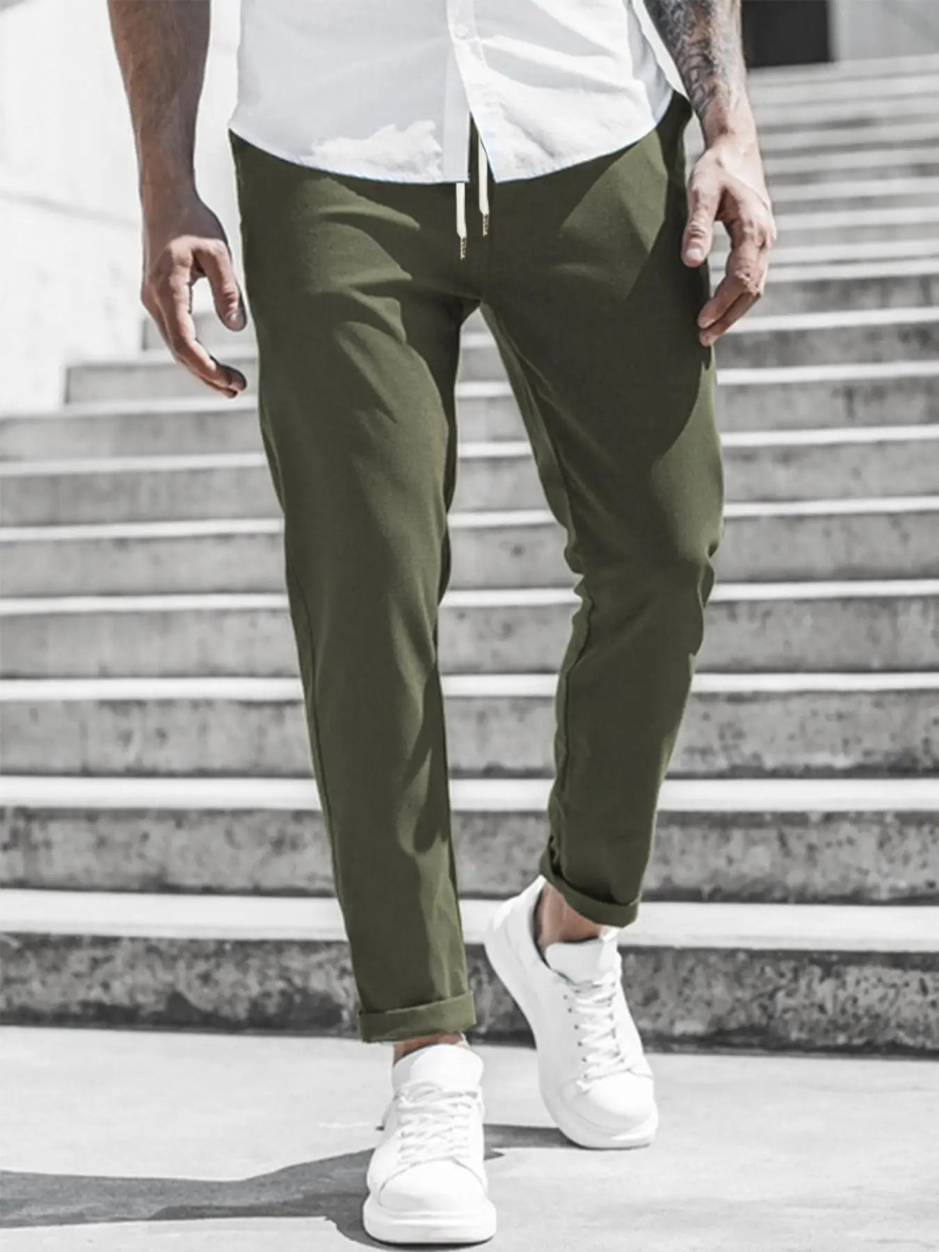 Men's Solid Color Casual Pants with Drawstring Waist Regular Fit Comfy Trousers with Pockets for Spring And Fall