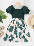 Girls' Summer Cute Woven Hug Micro Elastic Printed Princess Dress Girls' Short Sleeves Fashionable Splicing Skirt