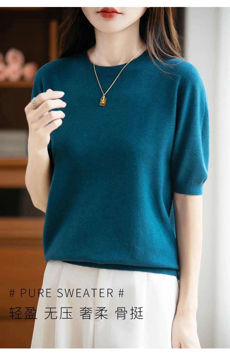 Fall/winter women's O-neck basic warm casual pullover fashion short sleeve 100% wool 22-color knitted sweater.