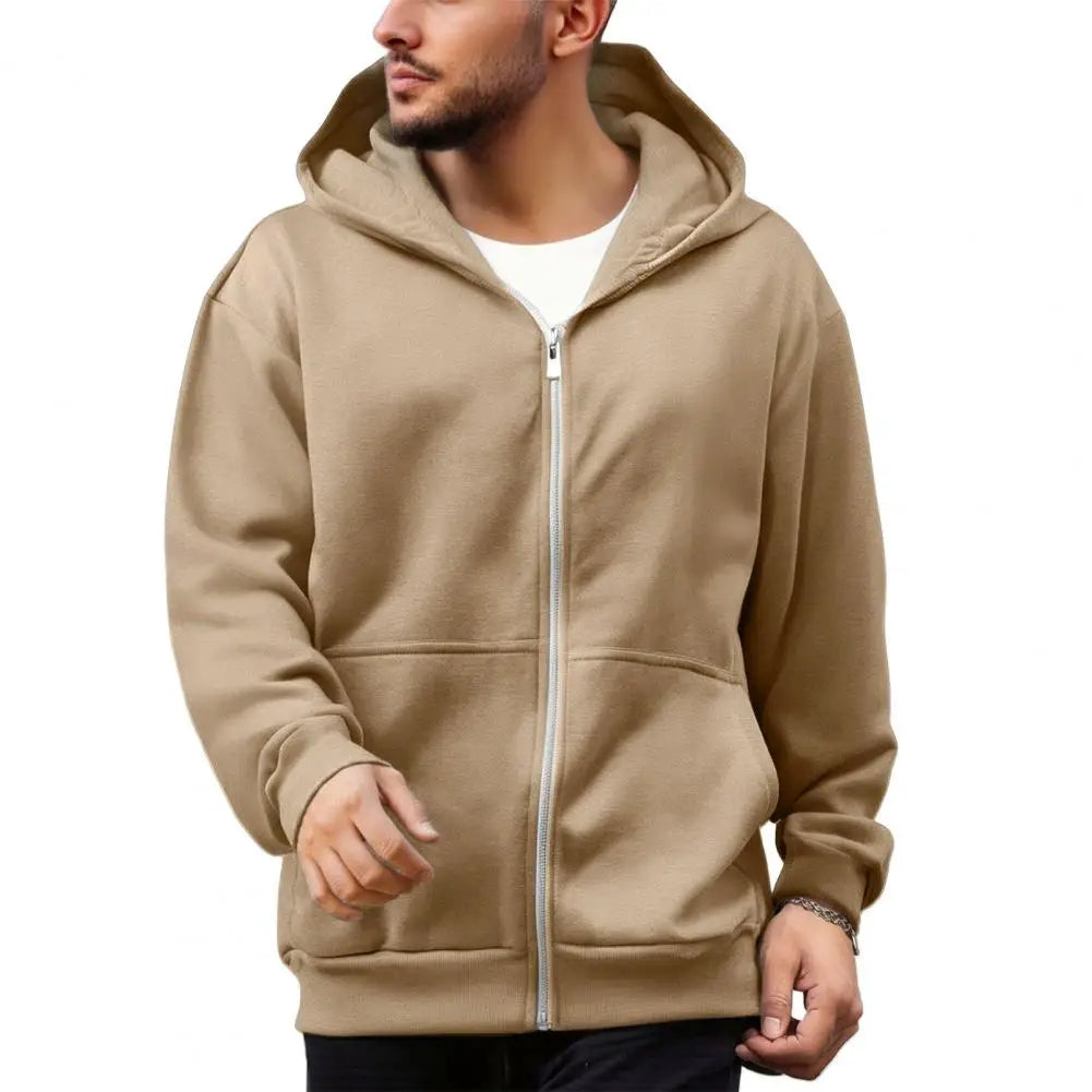 Men Backpack Sweatshirt Coat Long Sleeve Zipper Closure Hoodie with Schoolbag Design Solid Color Loose Fit Outerwear