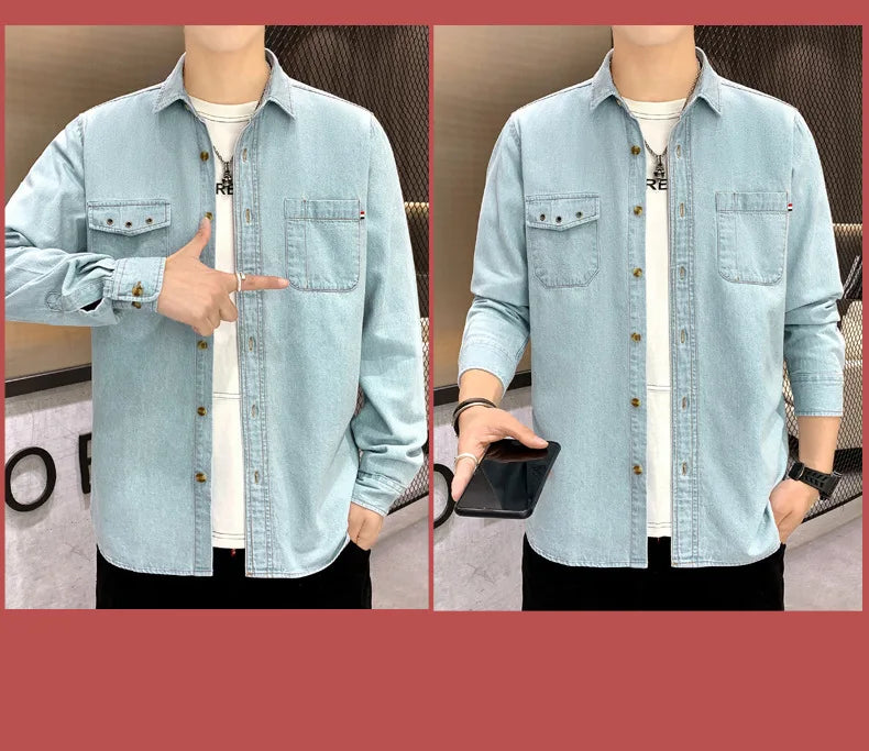 New Men's Denim Shirt Pure Cotton Washed Fashion Top Youth Style Japanese Design Autumn Collection Slim Fit Long Sleeve Casua...