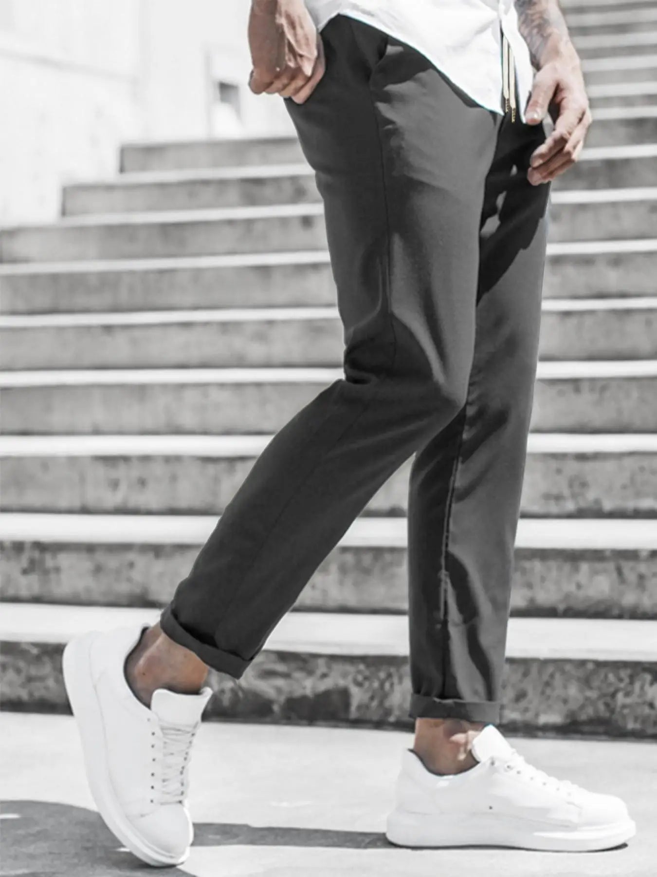 Men's Solid Color Casual Pants with Drawstring Waist Regular Fit Comfy Trousers with Pockets for Spring And Fall