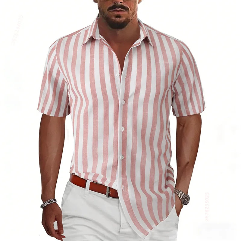 2026 Summer New Men's Striped Short-Sleeve Shirt, Multiple Colors Available, Outdoor Streetwear Casual Fashion Men's Top, XS-6XL