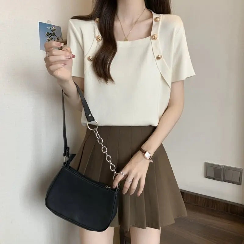 Women Plus Size Square Neck Ice Silk Irregular Hem Short Sleeve T Shirt Loose Slimming Casual Summer Top