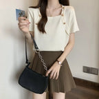 Women Plus Size Square Neck Ice Silk Irregular Hem Short Sleeve T Shirt Loose Slimming Casual Summer Top