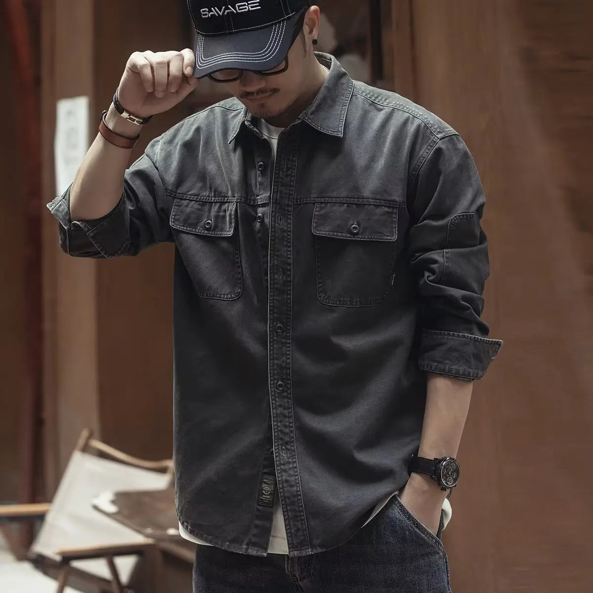 Retro American Workwear Long Sleeve Men's Denim Shirt Jacket Autumn Loose Hunting Style Casual Fashion Outerwear Coat