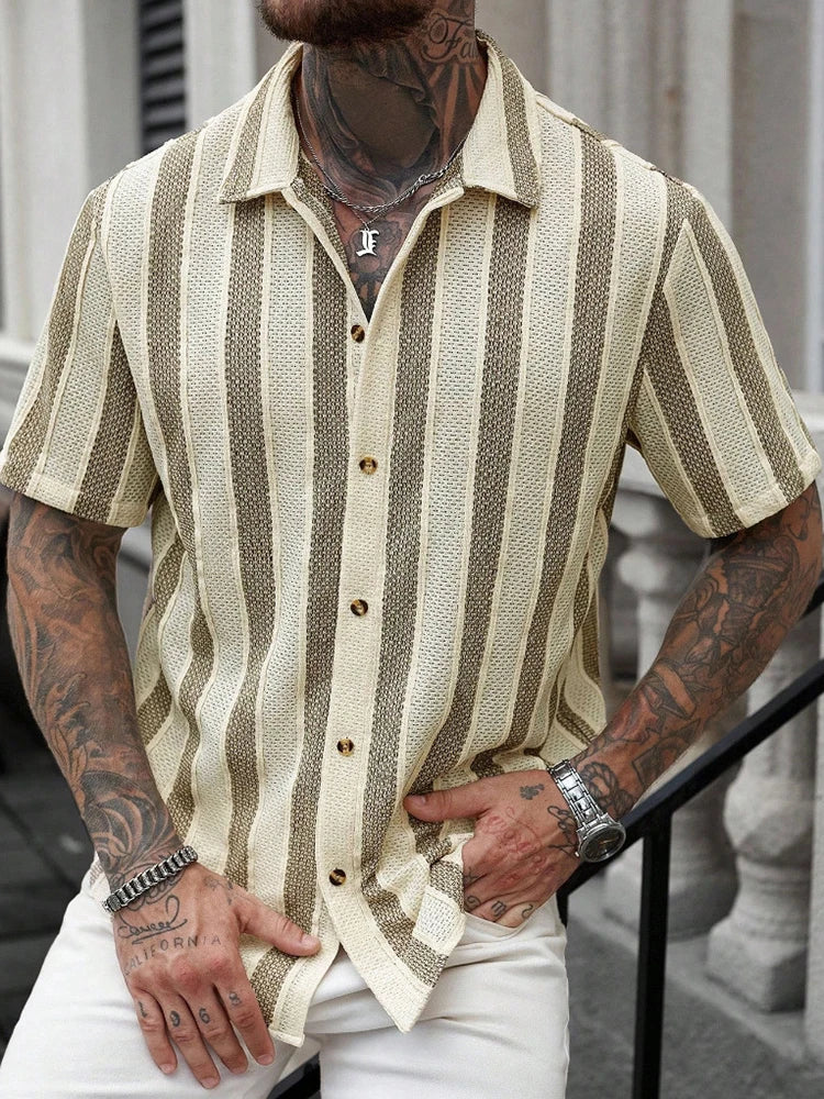 Vacation Casual Mens Knitted Shirts Short Sleeve Button-up Lapel Knit Shirt 2026 Spring Summer Stylish Patchwork Striped Shirts