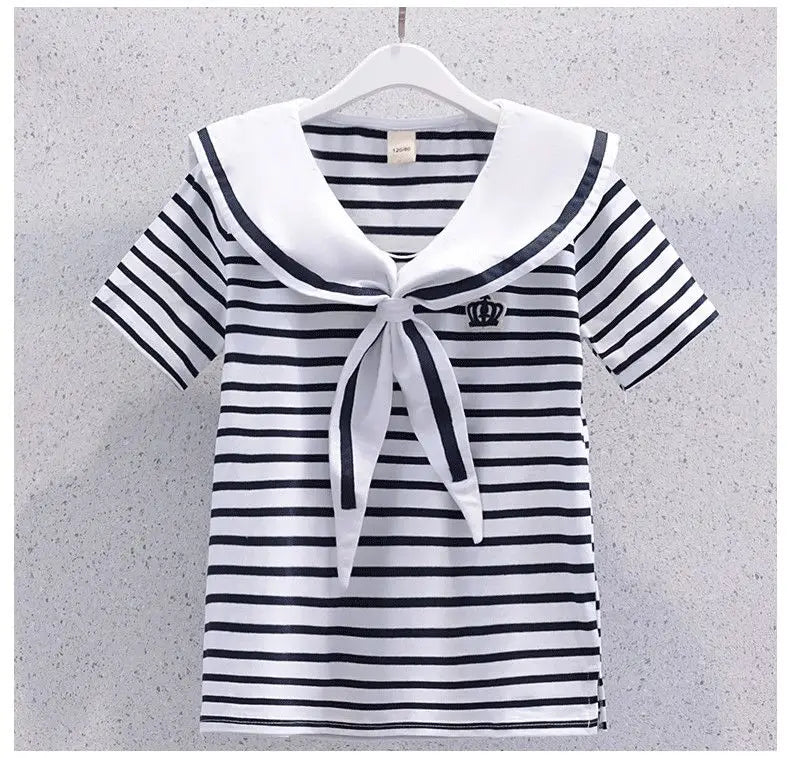 Girls Summer Casual Striped Sailor Collar Short Sleeve Suits 4 6 8 10 12 14 Years Girls JK Style Fashion Tops+Skirts 2pcs Sets