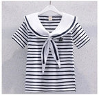 Girls Summer Casual Striped Sailor Collar Short Sleeve Suits 4 6 8 10 12 14 Years Girls JK Style Fashion Tops+Skirts 2pcs Sets