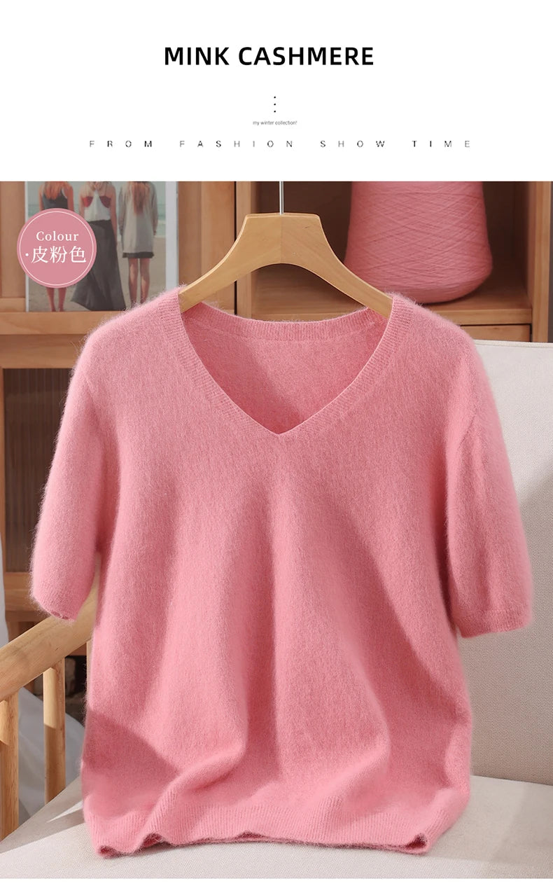 Women's 100% pure mink cashmere V-neck sweater T-shirt solid color knitted fashionable versatile short sleeved pullover sweater