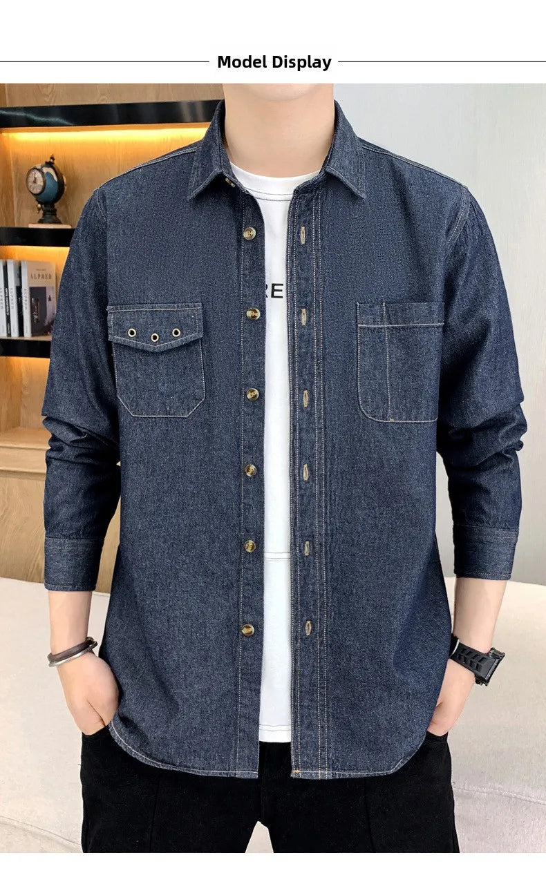 New Men's Denim Shirt Pure Cotton Washed Fashion Top Youth Style Japanese Design Autumn Collection Slim Fit Long Sleeve Casua...