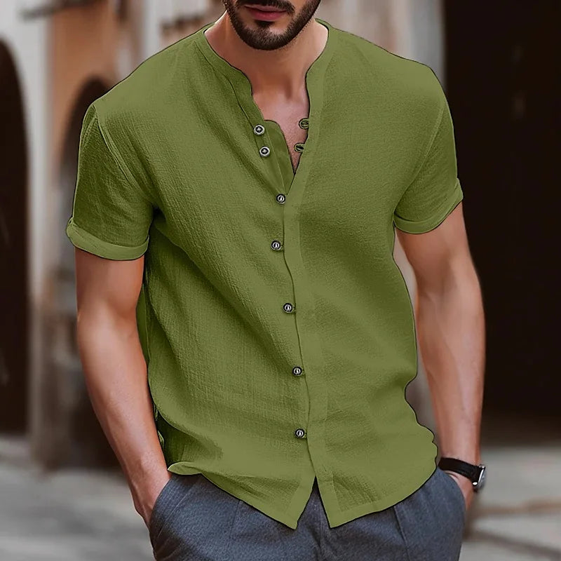 2026 Fashion Men's New Short-Sleeved T-Shirt Fashion Men's Retro Buttoned Cotton-Linen Casual Short-Sleeved Shirt