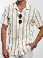 Vacation Casual Mens Knitted Shirts Short Sleeve Button-up Lapel Knit Shirt 2026 Spring Summer Stylish Patchwork Striped Shirts