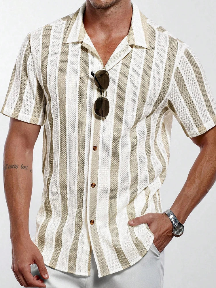 Vacation Casual Mens Knitted Shirts Short Sleeve Button-up Lapel Knit Shirt 2026 Spring Summer Stylish Patchwork Striped Shirts