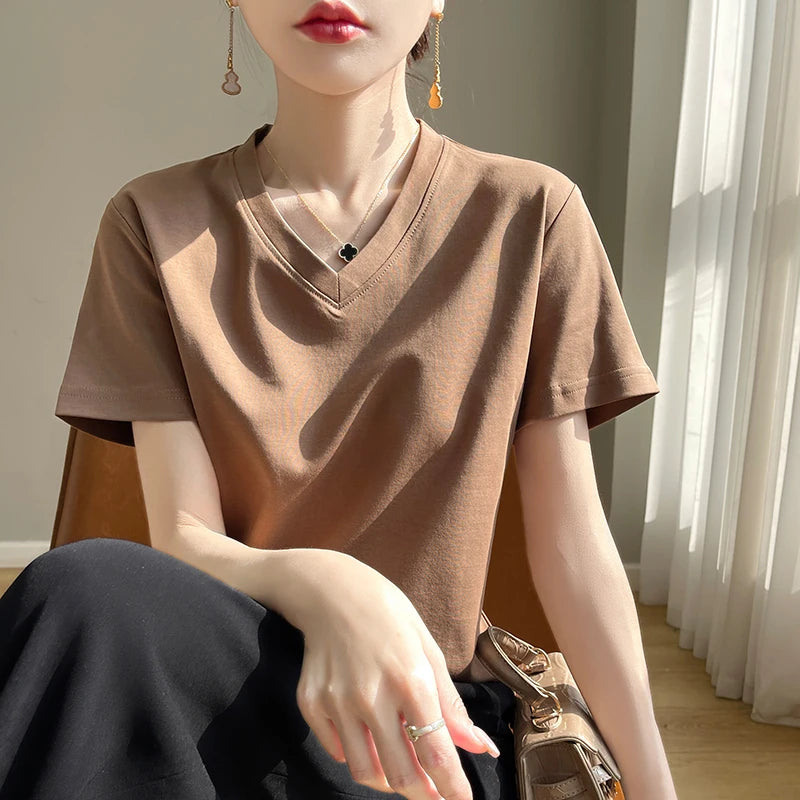 Summer V-neck 100% Cotton Short-Sleeved T-Shirt Women's Loose Mercerized Cotton Half-Sleeve Bottoming Shirt White High-end Top