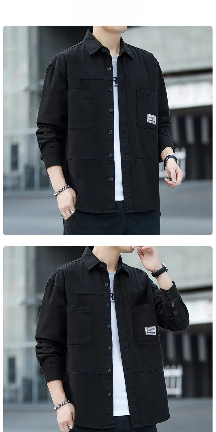 Men's Pure Cotton Long Sleeve Shirt Vintage Workwear Simple Style Autumn Winter New Arrival Casual Versatile Top Youth Fashion