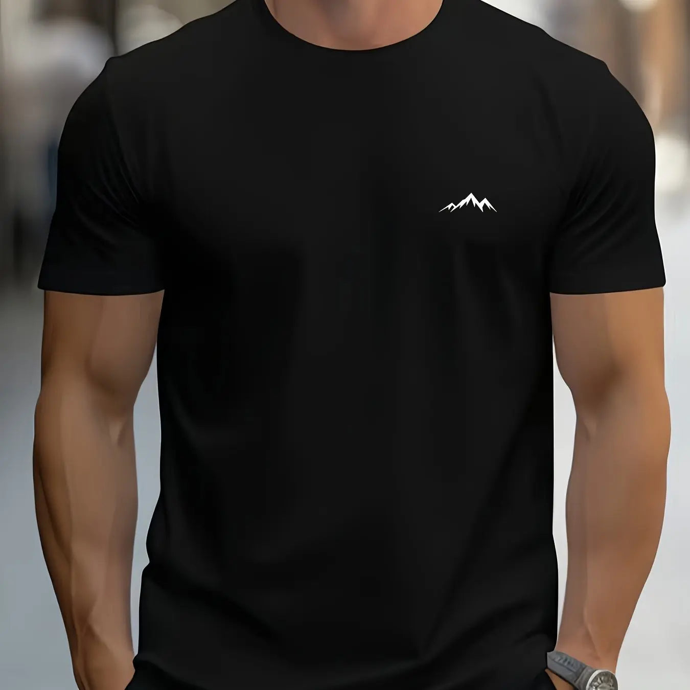 Men's summer 100% pure cotton fashionable casual sports loose mountain print round neck short sleeved T-shirt top