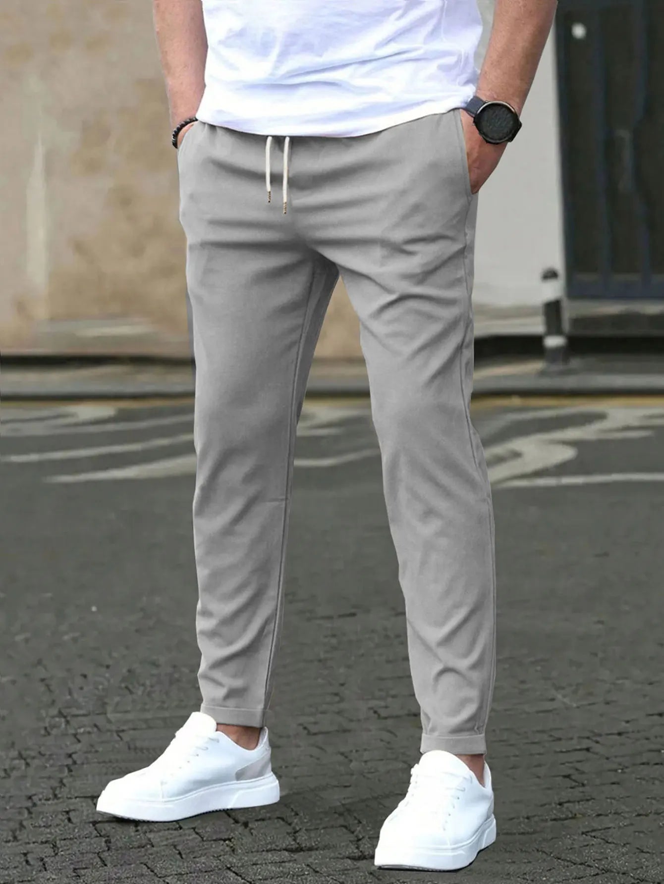 Men's Solid Color Drawstring Waist Casual Pants Regular Fit Comfy Trousers with Pockets for Spring And Fall