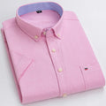 Men's Oxford Short Sleeve Square Collar Soild Plaid Striped Summer Casual Shirts Single Pocket Comfortable Cotton Shirt
