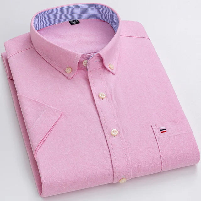 Men's Oxford Short Sleeve Square Collar Soild Plaid Striped Summer Casual Shirts Single Pocket Comfortable Cotton Shirt