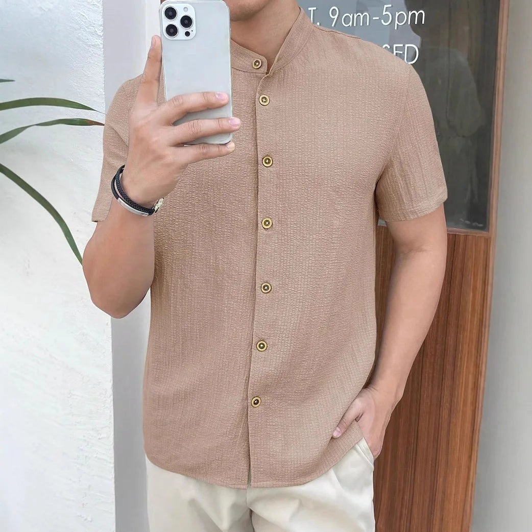 Men Loose Knit Solid Color Casual Short Sleeve Shirt