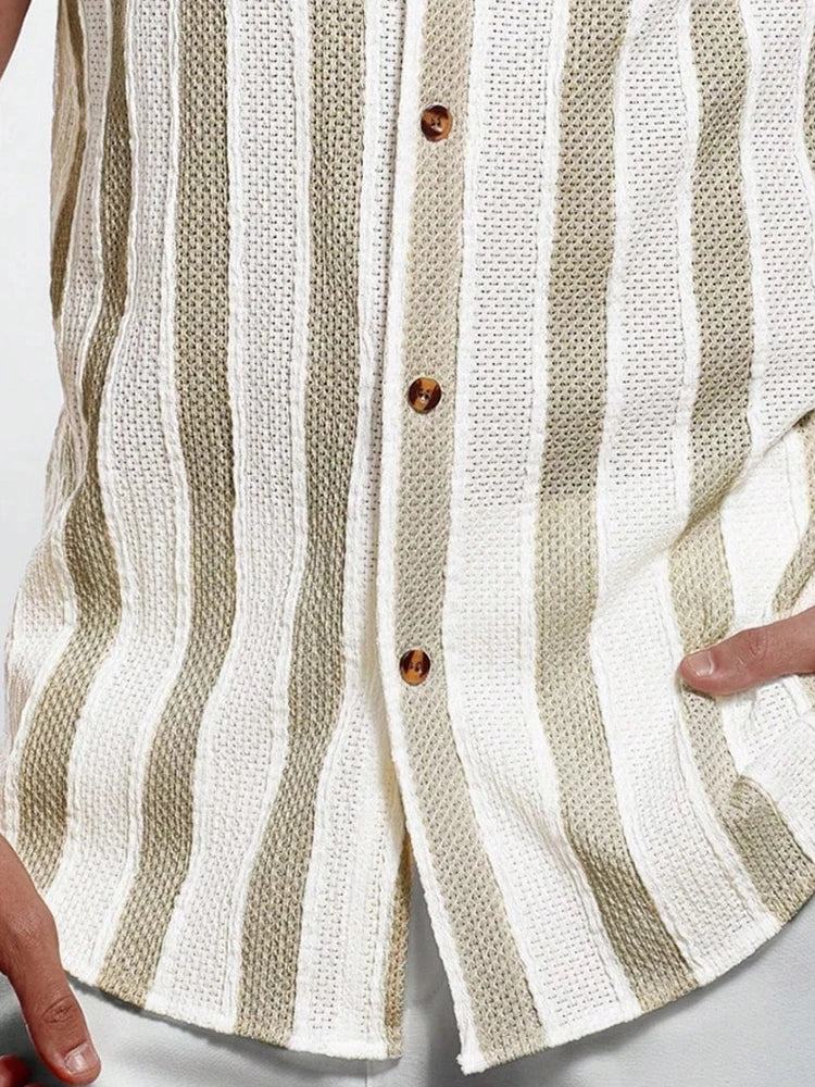 Vacation Casual Mens Knitted Shirts Short Sleeve Button-up Lapel Knit Shirt 2026 Spring Summer Stylish Patchwork Striped Shirts
