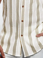 Vacation Casual Mens Knitted Shirts Short Sleeve Button-up Lapel Knit Shirt 2026 Spring Summer Stylish Patchwork Striped Shirts