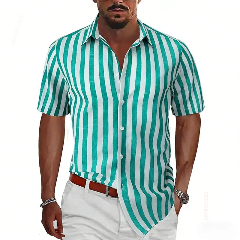 2026 Summer New Men's Striped Short-Sleeve Shirt, Multiple Colors Available, Outdoor Streetwear Casual Fashion Men's Top, XS-6XL